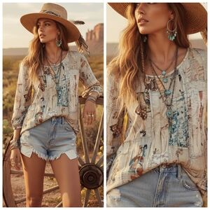 Paper Lace Bohemian Beige Printed Patchwork Distressed Top